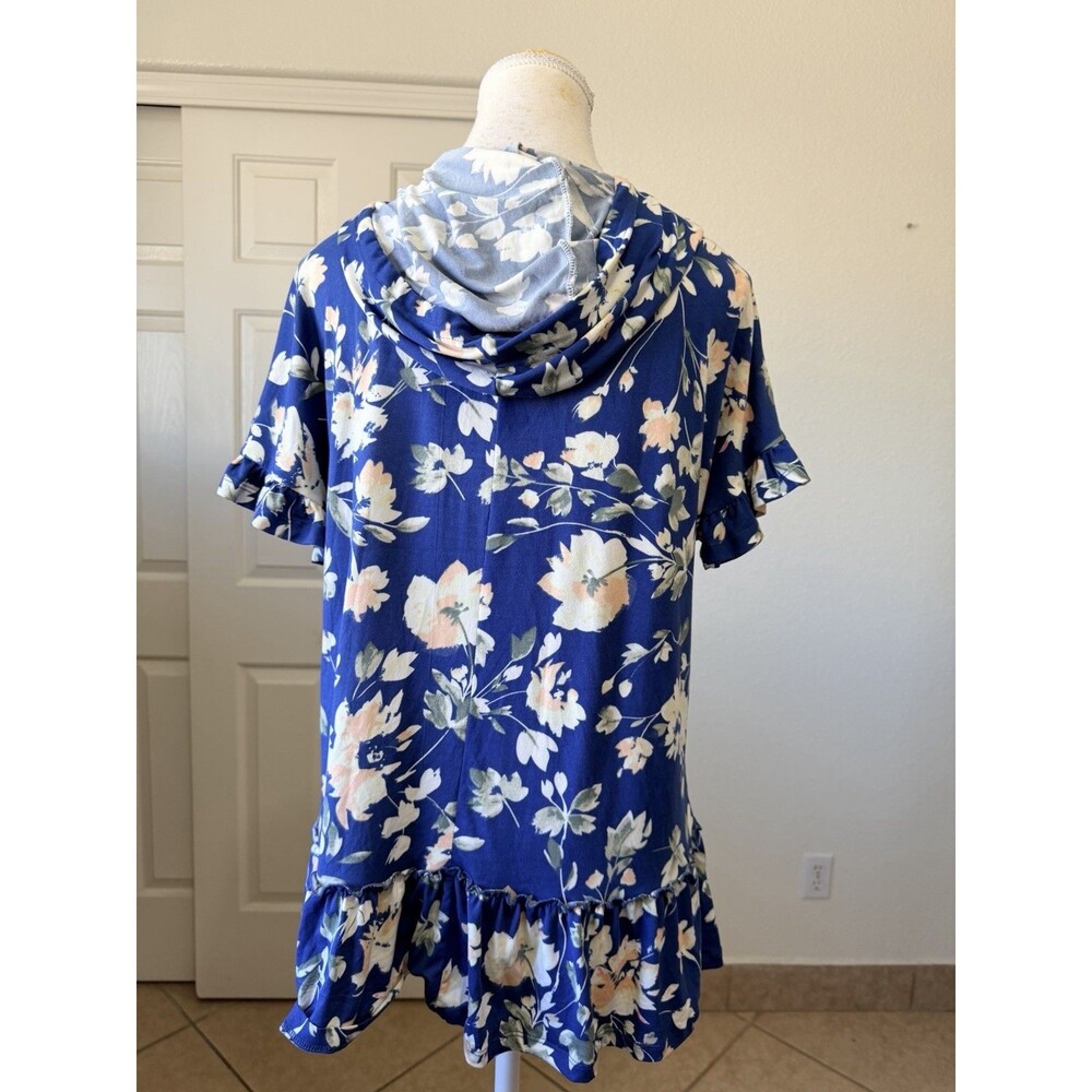 Ninexis Women's Floral Hoodie Top M Blue Ruffle Hem Short Sleeve Boho - Picture 3 of 15